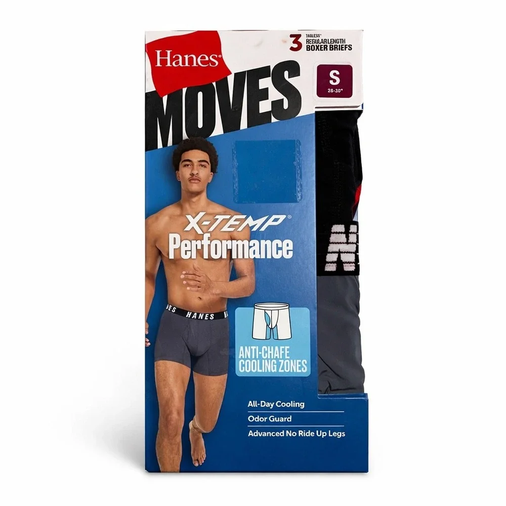 Hanes‎ Small (28-30) Moves X-Temp Performance Boxer Briefs 3-Pack Black Grey